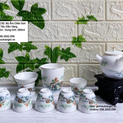 Bộ Ấm Chén Sơn Thủy Tay Tẩu Viền Vàng